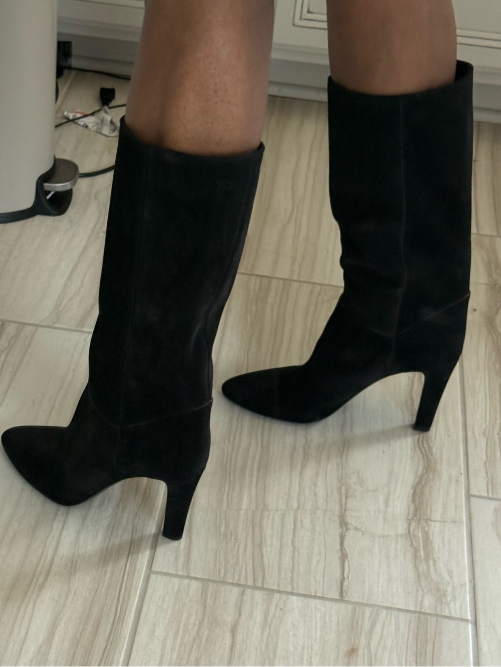 Yves Saint Laurent Black Suede Mid-Calf Pointed-Toe Heeled Boots